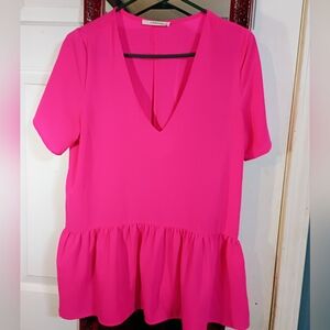 Catherine Malandrino Hot Pink V-Neck Peplum Blouse
